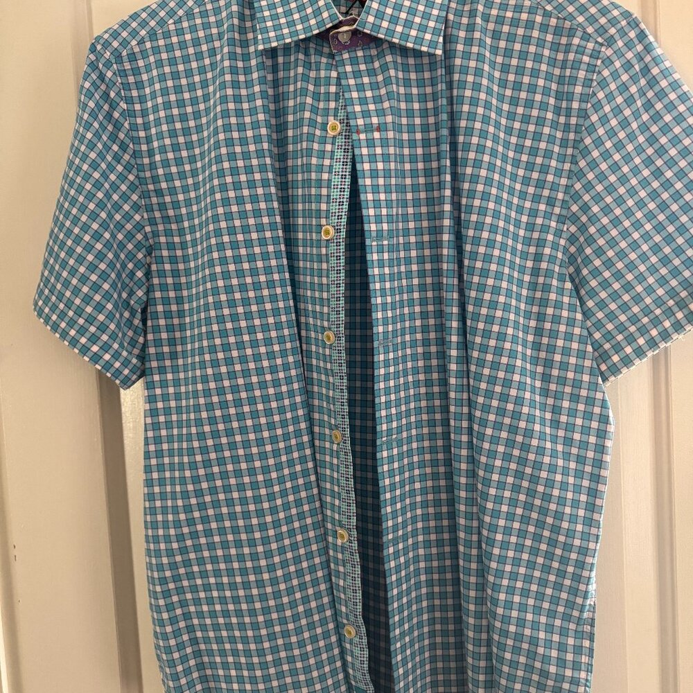 Robert Graham Short Sleeve Button-Down Shirt - Blue Plaid - Size 2XL
